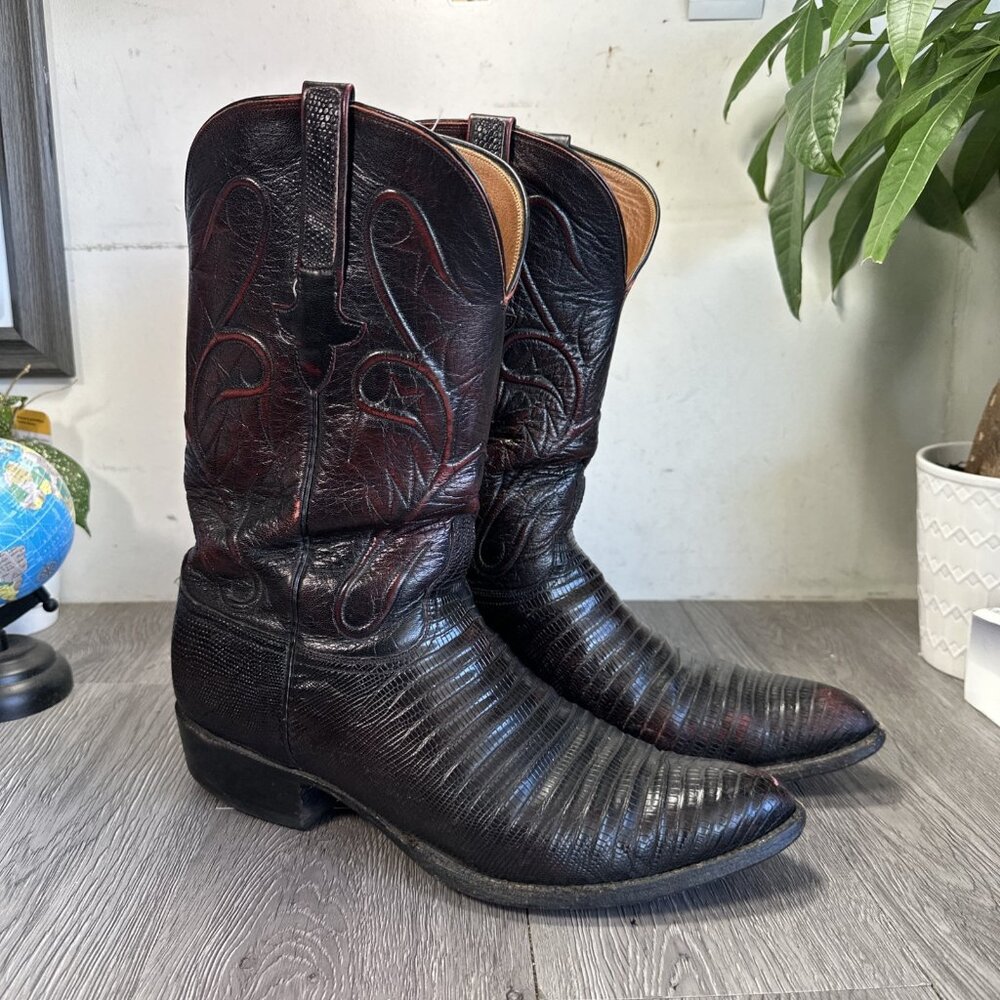 Lucchese G152224 Black Cherry Lizard Skin Western Cowboy Boots Women Size 12 D
